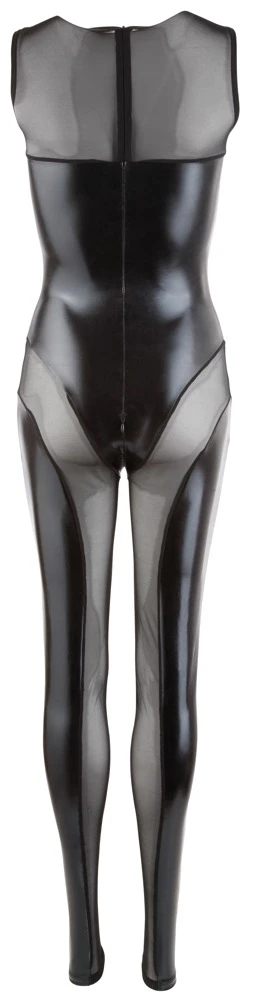 Cottelli PARTY Overall Wetlook Zipper im Schritt, Erotisch Catsuit aus Powenet und Wetlook