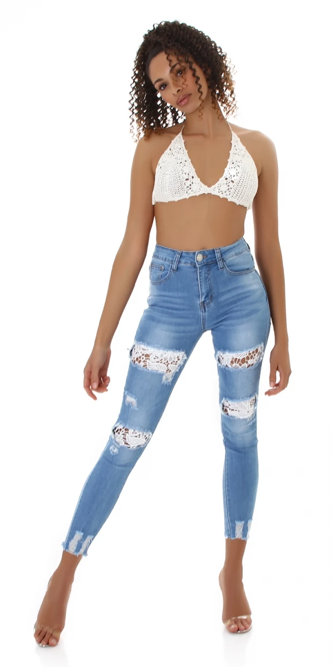 High Waist Destroyed Skinny Jeans mit Deko Spitze High Waist Destroyed Skinny Jeans mit Deko Spitze