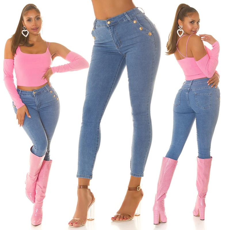 Highwaist Skinny Jeans Stretch Hose Röhrenjeans mit goldenen Deko Knöpfe Highwaist Skinny Jeans Stretch Hose Röhrenjeans mit goldenen Deko Knöpfe