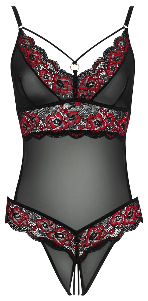 Cottelli LINGERIE Body aus 2-farbiger Spitze und Powernet ouvert im Schritt