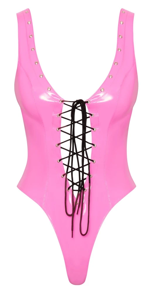Lack Body pink, Pink Lack-Body mit variabler Schnürung in Schwarz und extra hohen Beinausschnitten von Black Level für aufregende Looks! Lack Body pink, Pink Lack-Body mit variabler Schnürung in Schwarz und extra hohen Beinausschnitten von Black Level für aufregende Looks!