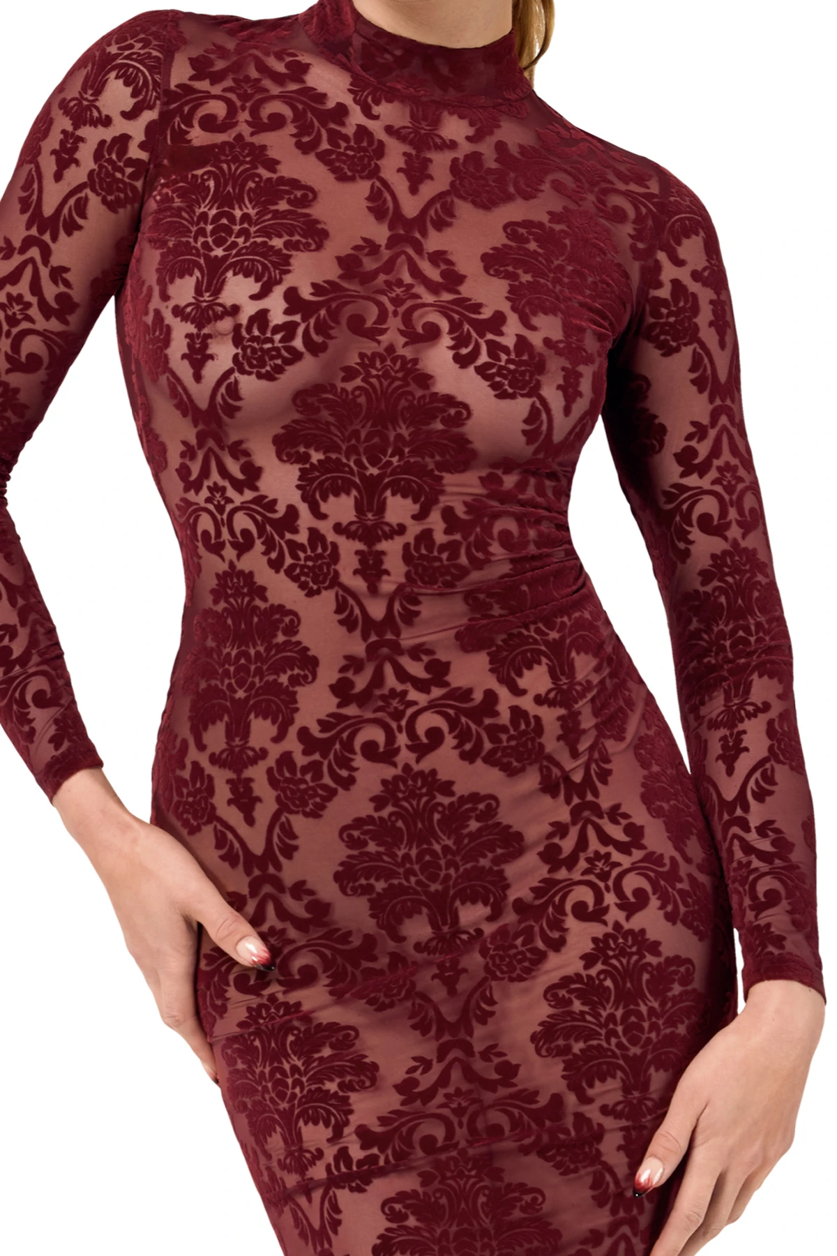 F384 halblanges Flockkleid Kinky Royal aus weichem elastischem Tüll mit floraler Flockstickerei, tiefem Rückenausschnitt und Hakenverschluss am Kragen – knielanges Design, das deine Kurven betont – von Noir Handmade