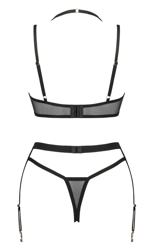 Obsessive Elegantes 3-teiliges Dessous-Set Selinne: bestehend aus Bügel-BH, Strapsgurt und String in Schwarz mit Rosa aktzenten am BH.