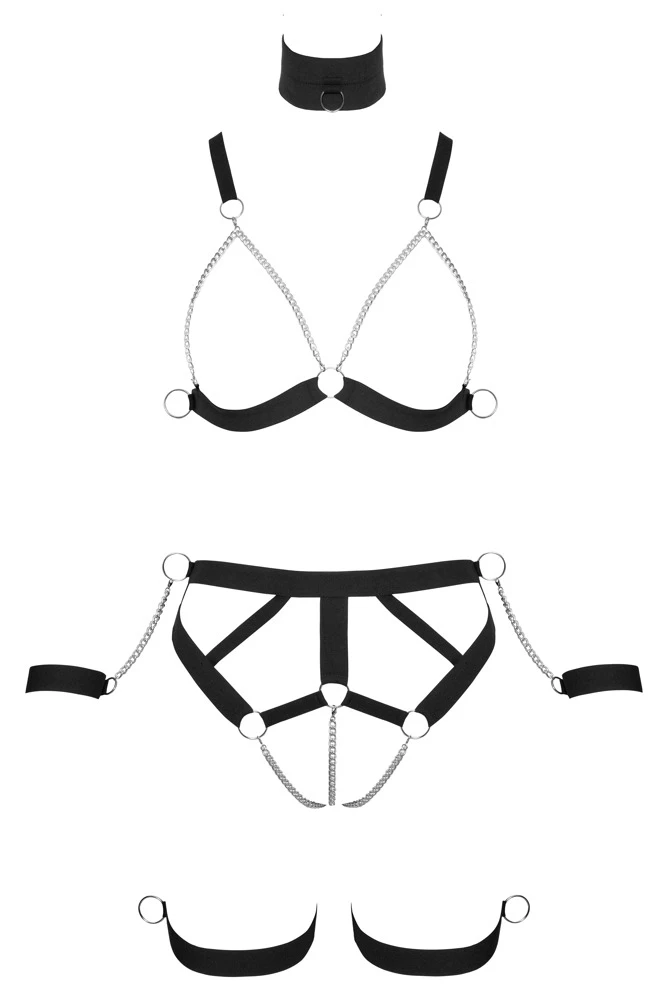 Bad Kitty Riemenbikini, Kunstvoll gefesselt und kompromisslos reizvoll: Schwarzes Webgummi-Set mit Brust- und Hüft-Harness, Ketten und freier Sinnlichkeit