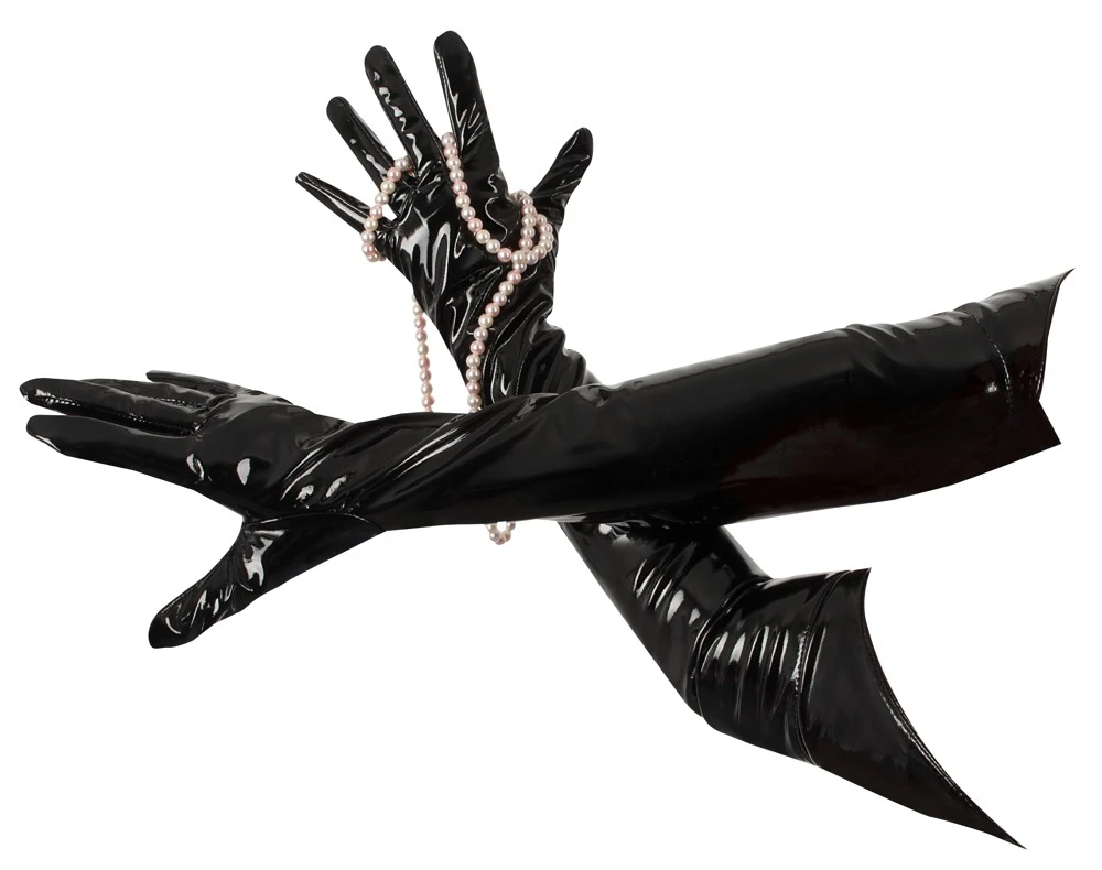 Extra lange Handschuhe von Black Level komplett im schwarzen Lackglanz. Bequemer Sitz an den Bündchen spitz zugeschnitten.