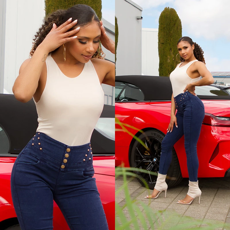 Skinny High Waist Jeans Look Leggings mit Deko Nieten Skinny High Waist Jeans Look Leggings mit Deko Nieten
