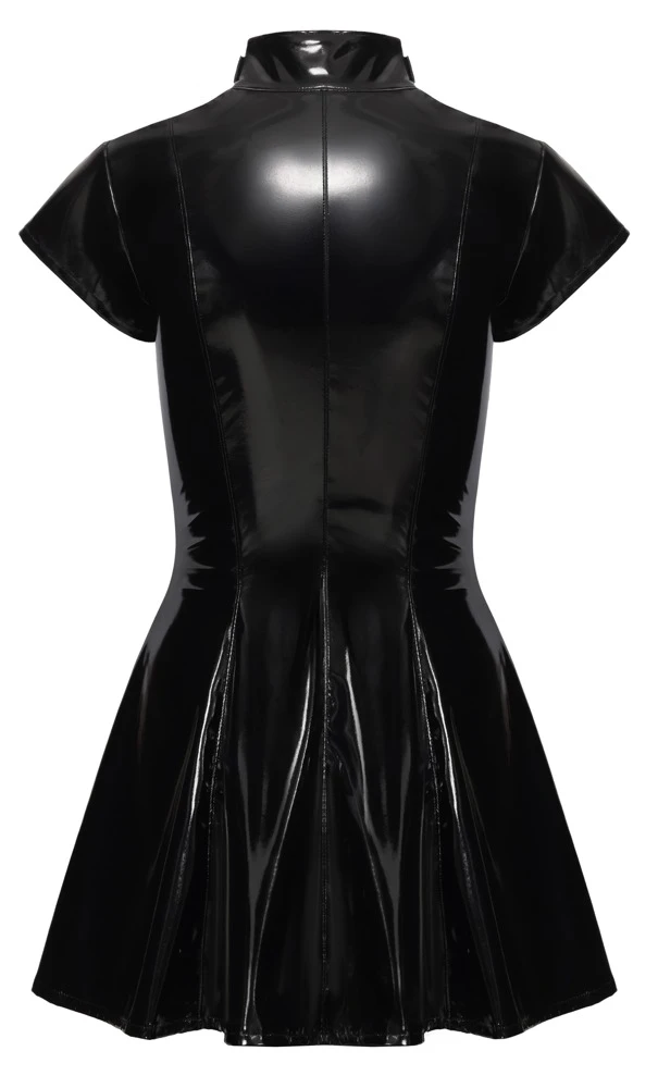 Black Level Lack-Minikleid in Schwarz – Aufreizend hochgeschlossen mit ausgestelltem Rock, kurzem Arm, Nieten und verführerischem 2-Wege-Reißverschluss, Clubwear