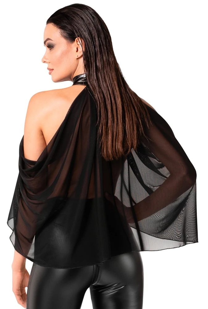 Noir Bolero Luftiges Transparent-Top im Cape-Style: Asymmetrisch, Schulterfrei mit Neckholder, Feiner Stretchtüll