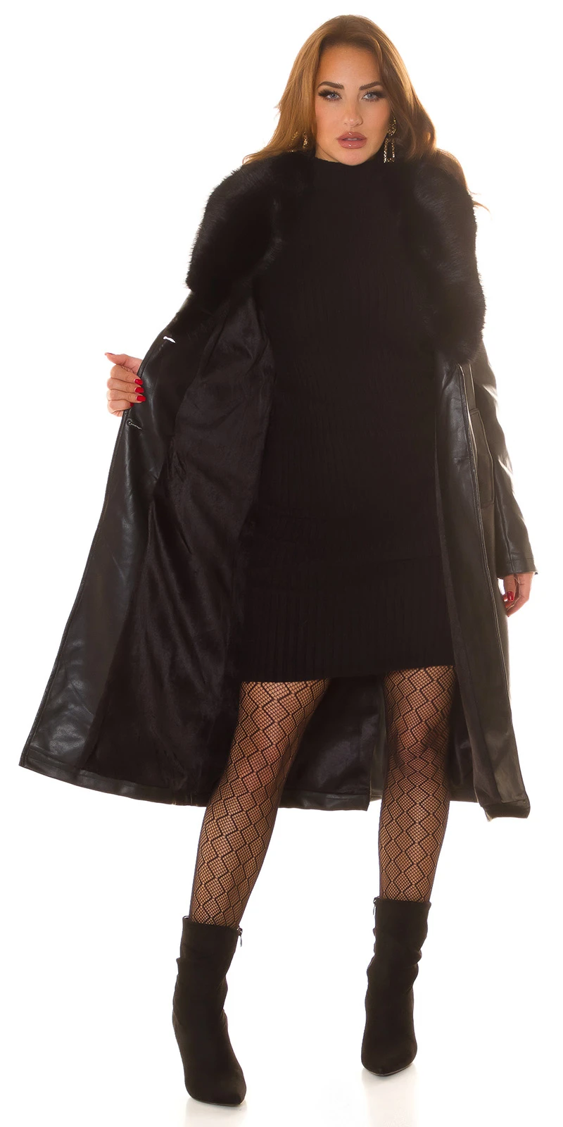 Kunstleder Mantel Wintermantel Gefüttert mit Kunstfell Kragen und Gürtel Kunstleder Mantel Wintermantel Gefüttert mit Kunstfell Kragen und Gürtel