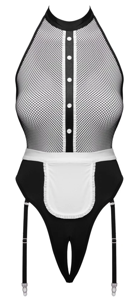 Strapsbody ouvert Servier-Style mit Schürze, sexy Dessous Set rückenfrei, Netz, offene Schritt, abnehmbare Strapse Cottelli COSTUMES