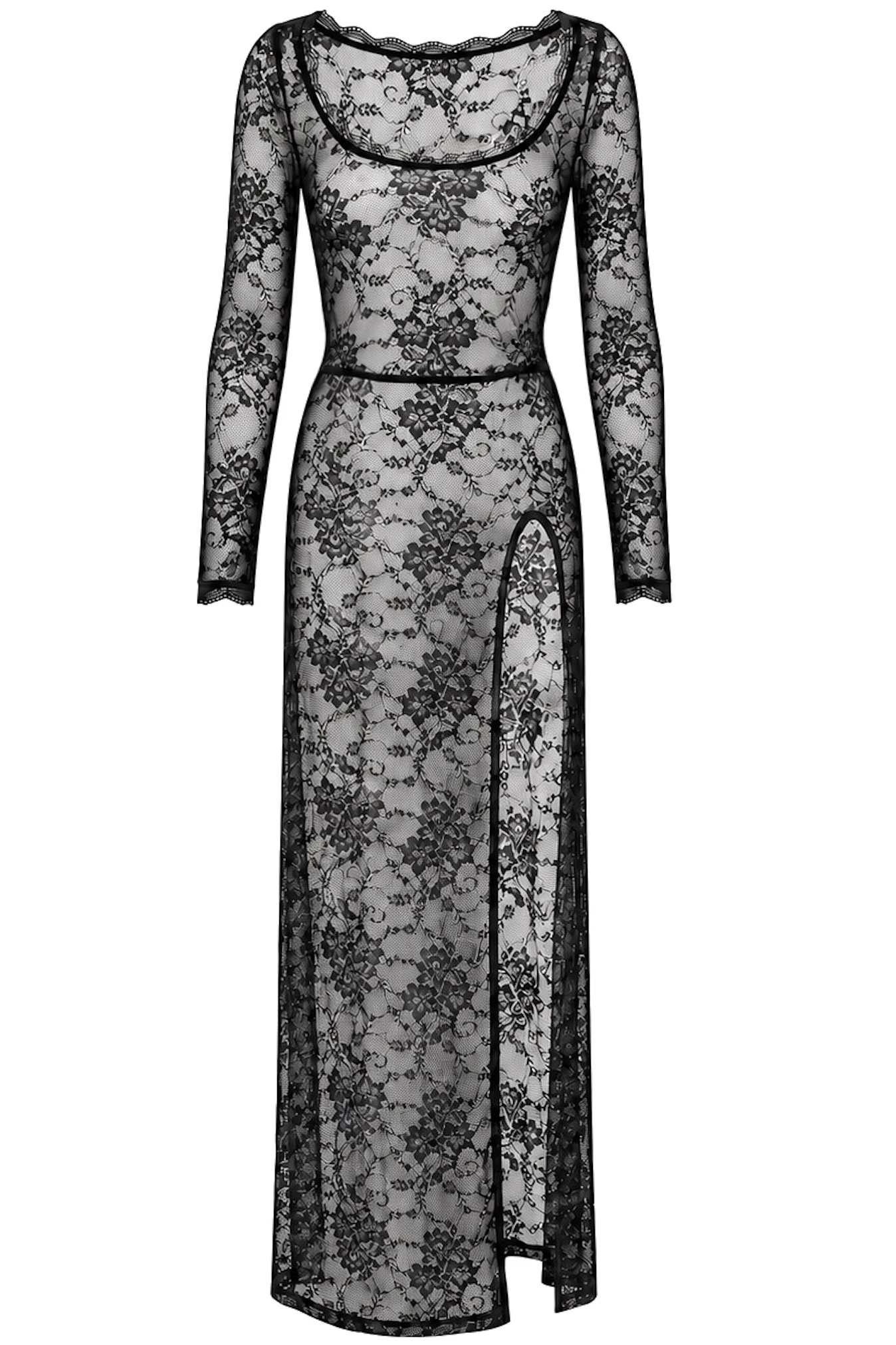 Maxikleid aus transparenter Spitze - Noir Handmade F405 One More Kiss - sexy in Schwarz mit tiefem Ausschnitt und hohem Beinschlitz