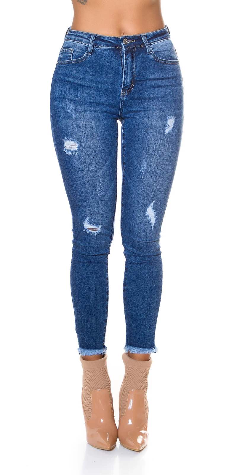 Basic Skinny-Jeans High Waist im Used-Look mit Destroyed-Details, fransigen Abschlüssen und figurbetontem Stretch-Fit