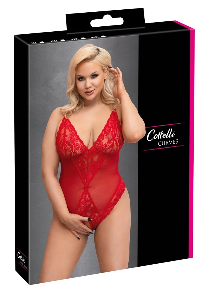 Cottelli Powernet-Bodysuit mit Spitzen-Einsätzen und Ouvert-Design in Rot