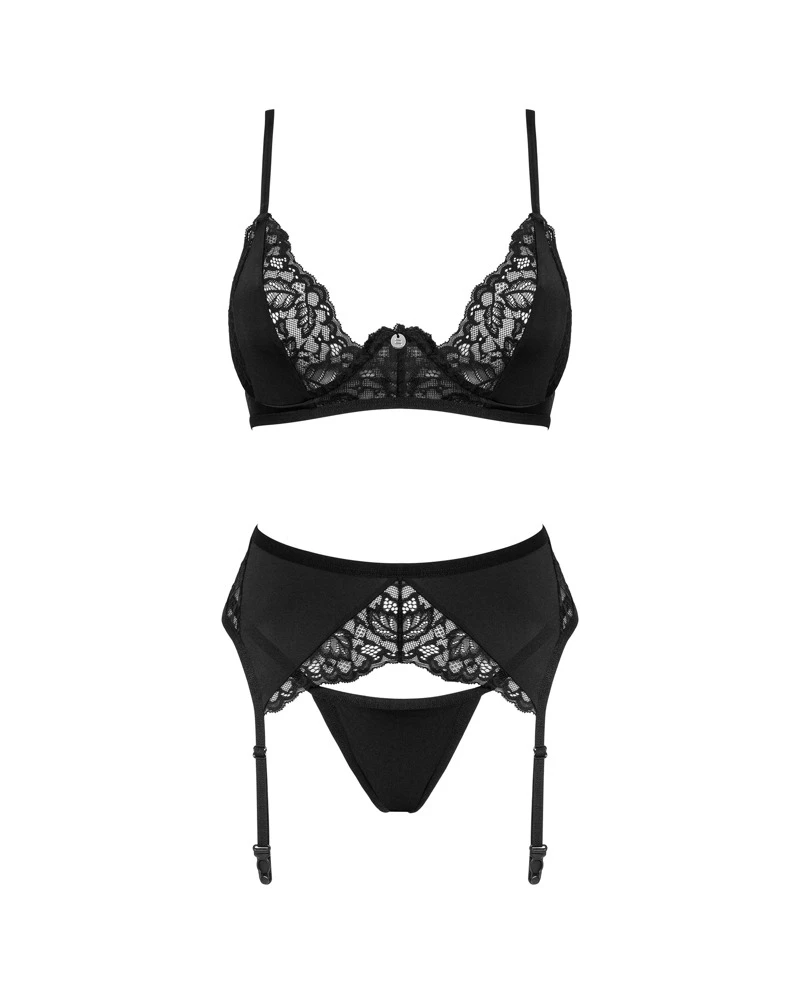 Obsessive 3-teiliges schwarzes Set Bellastia mit Bügel-BH, Strapsgurt und String. Weiches Stretchmaterial und softe elastische Blütenspitze im verführerischen Mix.