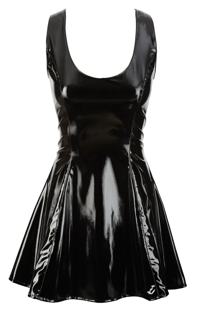 Kurzes, ärmelloses Kleid von Black Level komplett im schwarzen Lackglanz mit tiefem Ausschnitt vorne und hinten.