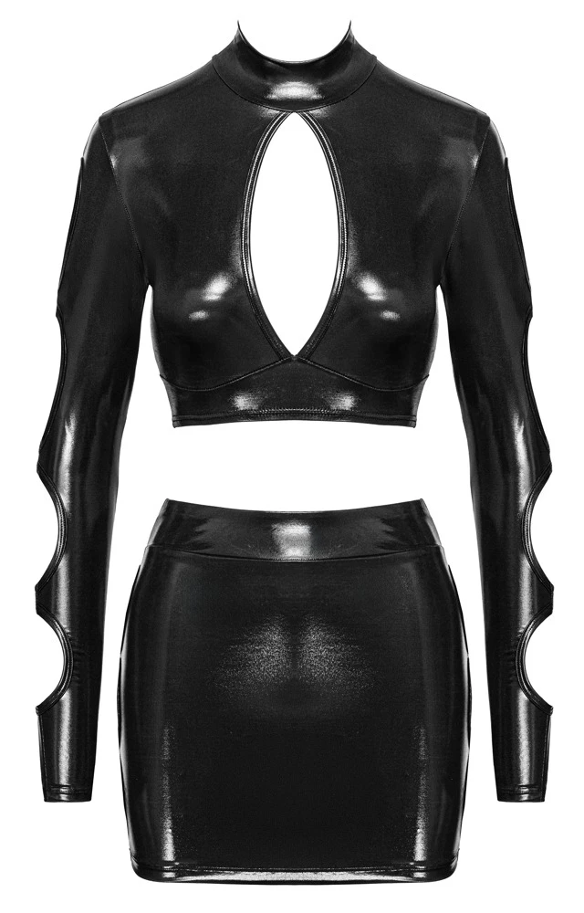 Kinky Wetlook Clubwear Set Crop-Top Langarm Minirock Cut-outs schwarzer Glanzlook figurbetont Damen Outfit Cottelli PARTY