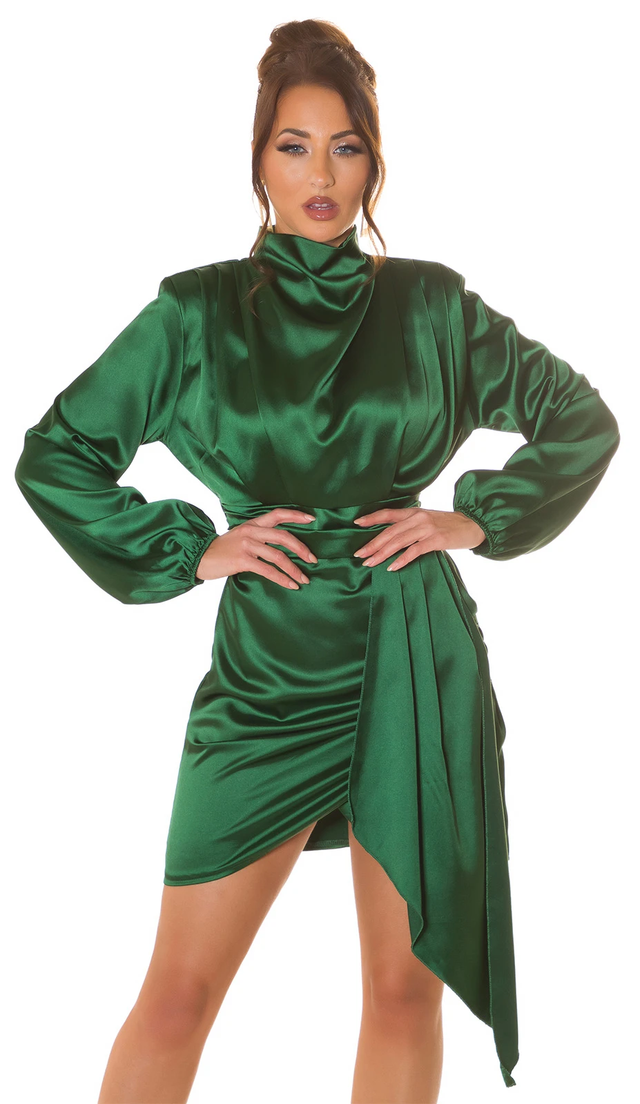 Damen Satin Minikleid Langarm Kleid Abendkleid mit Stehkragen Damen Satin Minikleid Langarm Kleid Abendkleid mit Stehkragen