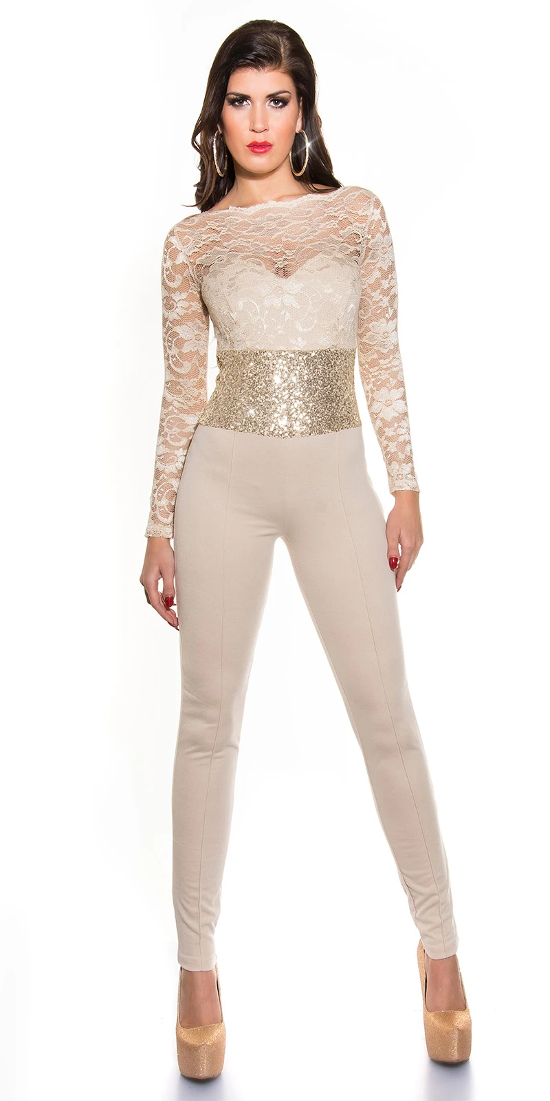 Röhren Overall mit langen Ärmeln mit Spitze und Paillettentaille Röhren Overall mit langen Ärmeln mit Spitze und Paillettentaille