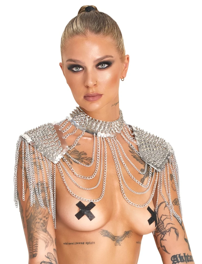 Bad Spiked Collar and shoulder, Bad Kitty Silber Kettenkragen mit Spikes erotischer Körperschmuck Unisex Harness für Hals Schultern Oberarme