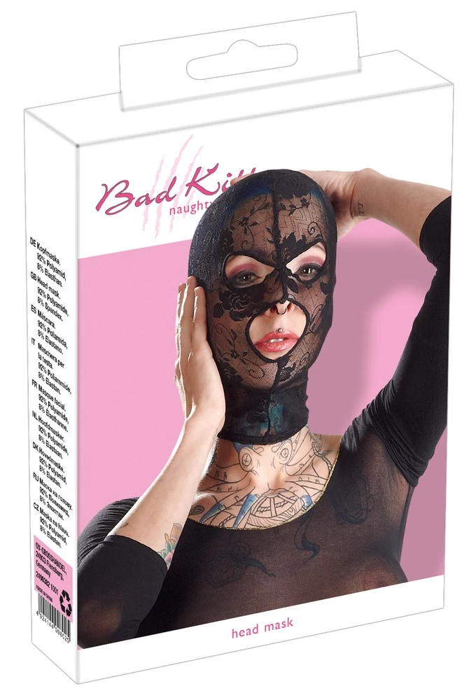 Schwarze, enganliegende Kopfmaske von Bad Kitty mit Öffnungen für Mund und Augen.