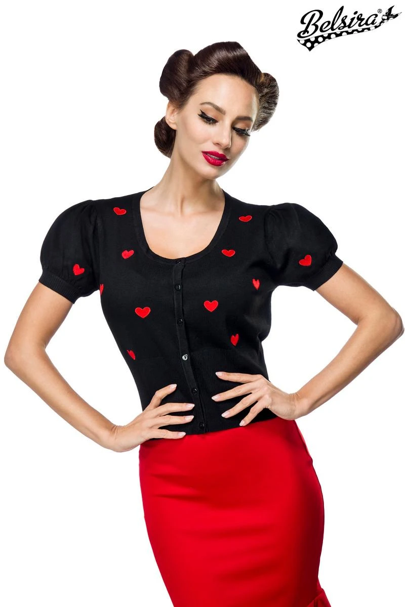 Herzchen Strickjacke mit Puffärmeln und eingewebten Herzchen von BELSIRA Herzchen Strickjacke mit Puffärmeln und eingewebten Herzchen von BELSIRA