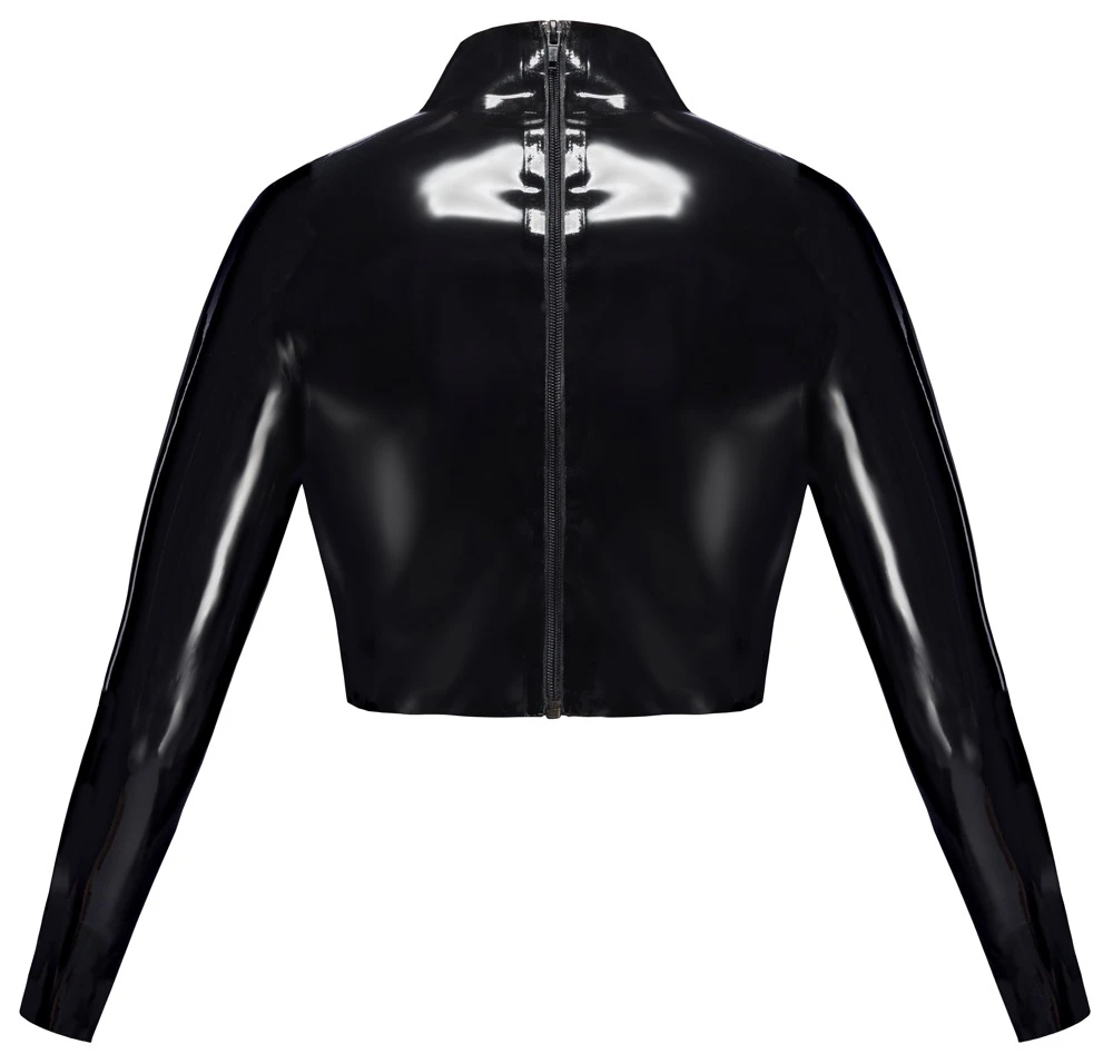Latex Shirt, Busenfreies Latex-Crop-Top mit großem Front-Cut-out, Stehkragen, langen Ärmeln und Reißverschluss hinten. Latex Shirt, Busenfreies Latex-Crop-Top mit großem Front-Cut-out, Stehkragen, langen Ärmeln und Reißverschluss hinten.