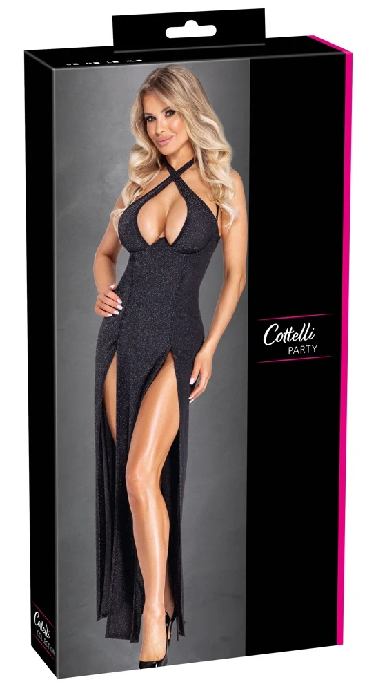 Langes schwarzes Kleid mit Silberglitzer von Cottelli PARTY im rückenfreien Neckholder-Stil mit Cup-Bügeln und zweifach hohem Schlitz vorne
