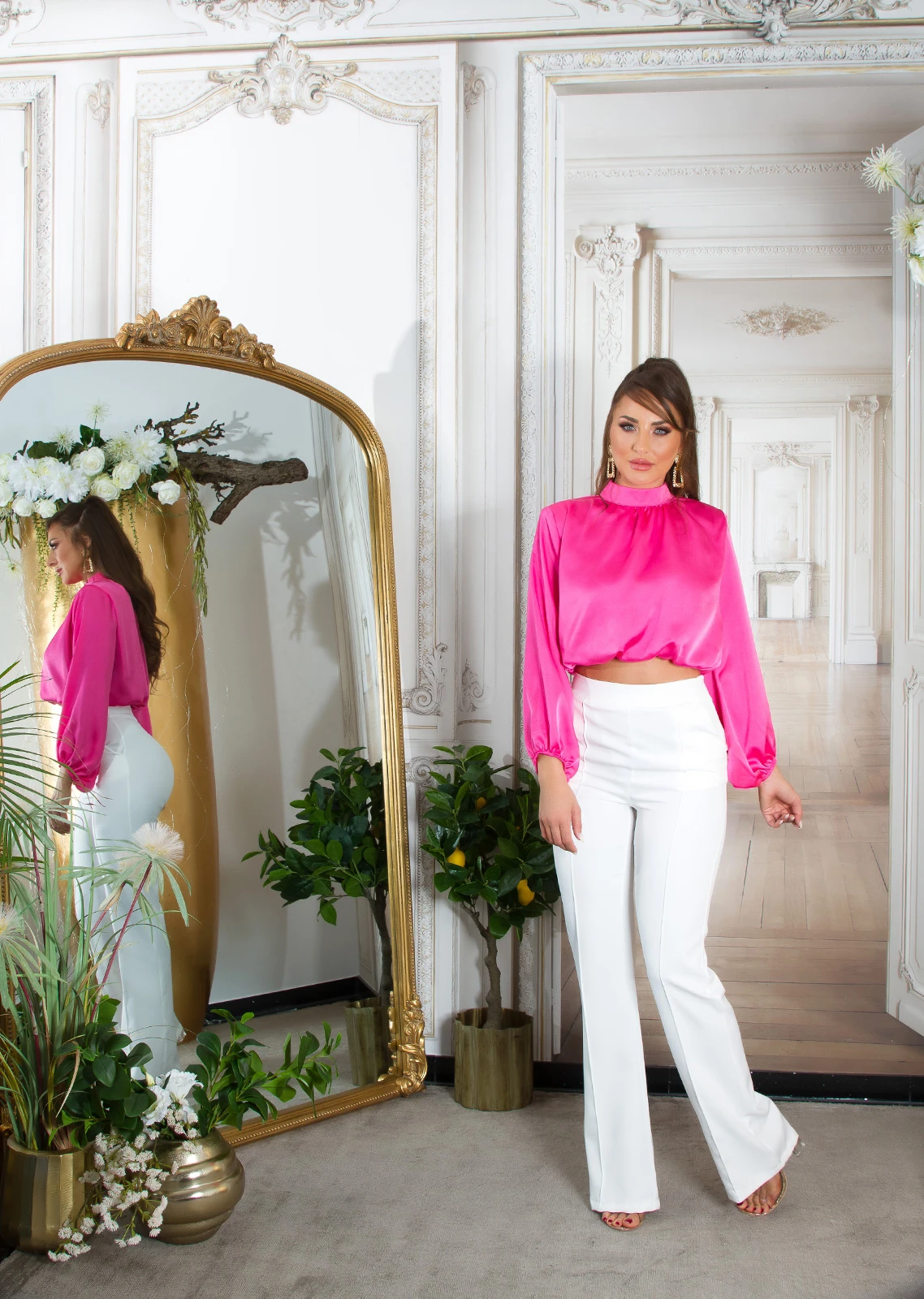 Satin Look Turtle Neck Langarm Crop Blusen Shirt Satin Look Turtle Neck Langarm Crop Blusen Shirt