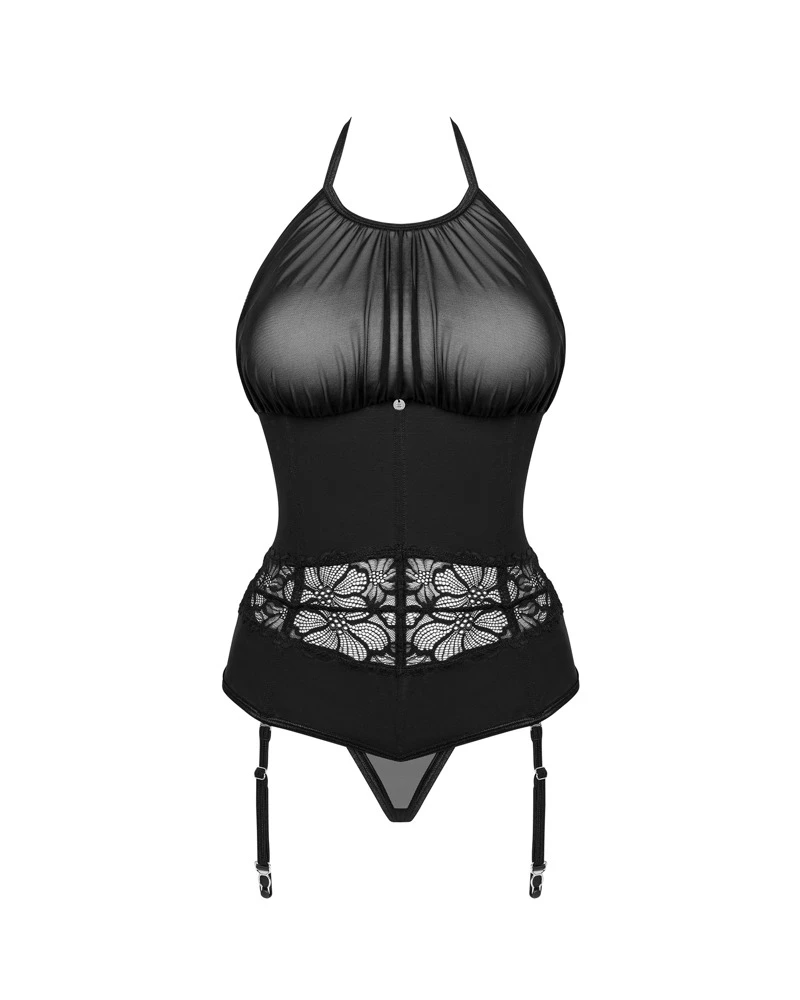 Obsessive Strapshemd und String im schwarzen Set Serafia. Strapshemd im edlen Material-Mix mit zartem Tüll über dem Busen und Spitze vorne und hinten.