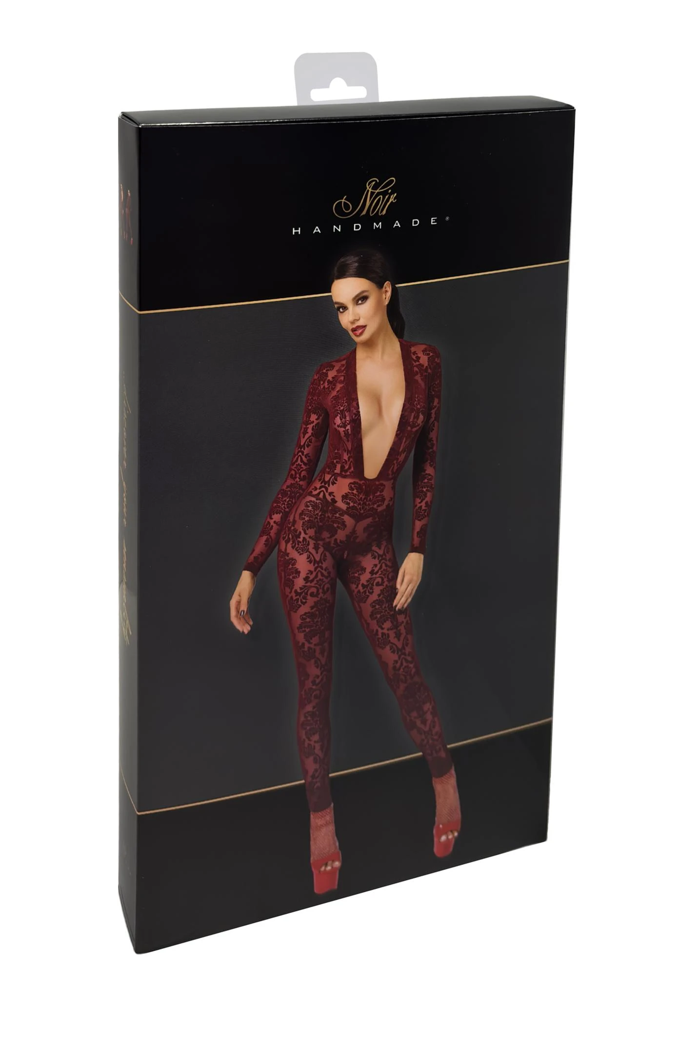 F382 Kinky Royal Overall burgunder aus transparentem Flocktüll mit tiefem Ausschnitt, figurbetonend, langen Ärmeln und 2-Wege-Reißverschluss im Schritt für einen heißen Look von Noir Handmande