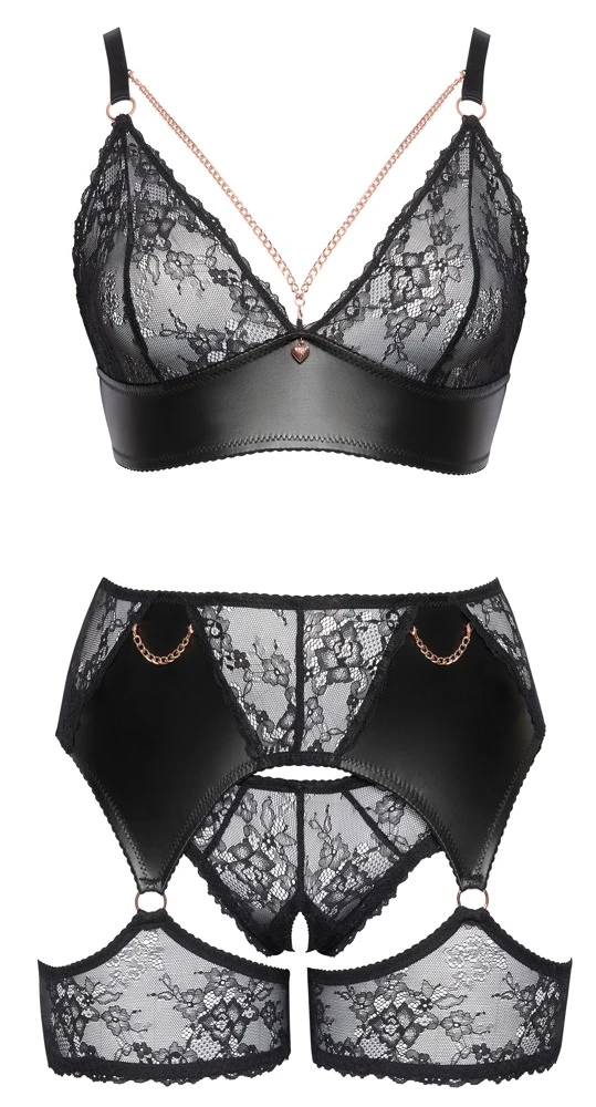 Cottelli CURVES Verführerisches Spitzen-Set von Cottelli CURVES mit roségoldenen Akzenten, bestehend aus Soft-BH, Slip ouvert und Strapsgürtel