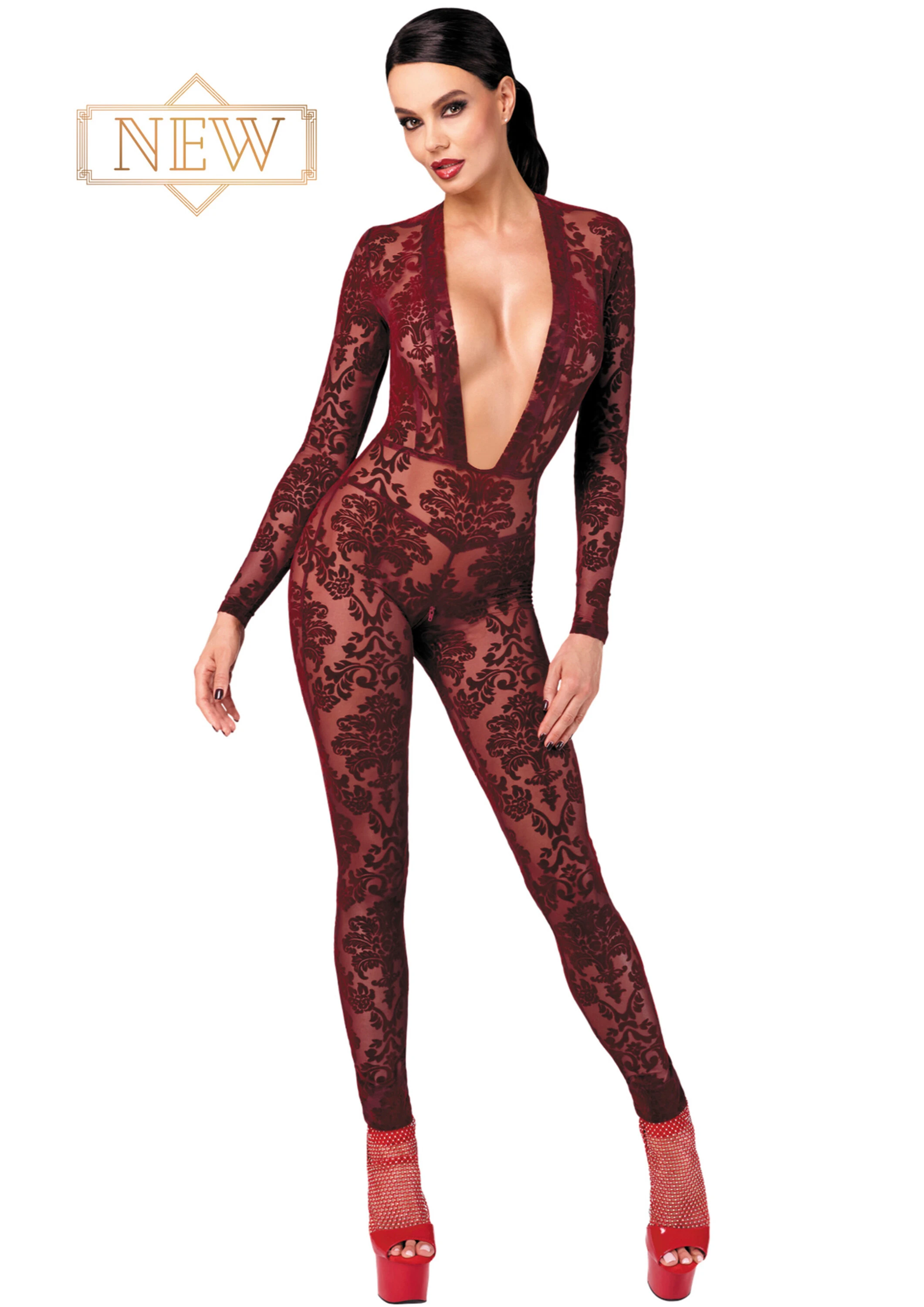 F382 Kinky Royal Overall burgunder aus transparentem Flocktüll mit tiefem Ausschnitt, figurbetonend, langen Ärmeln und 2-Wege-Reißverschluss im Schritt für einen heißen Look von Noir Handmande F382 Kinky Royal Overall burgunder aus transparentem Flocktüll mit tiefem Ausschnitt, figurbetonend, langen Ärmeln und 2-Wege-Reißverschluss im Schritt für einen heißen Look von Noir Handmande