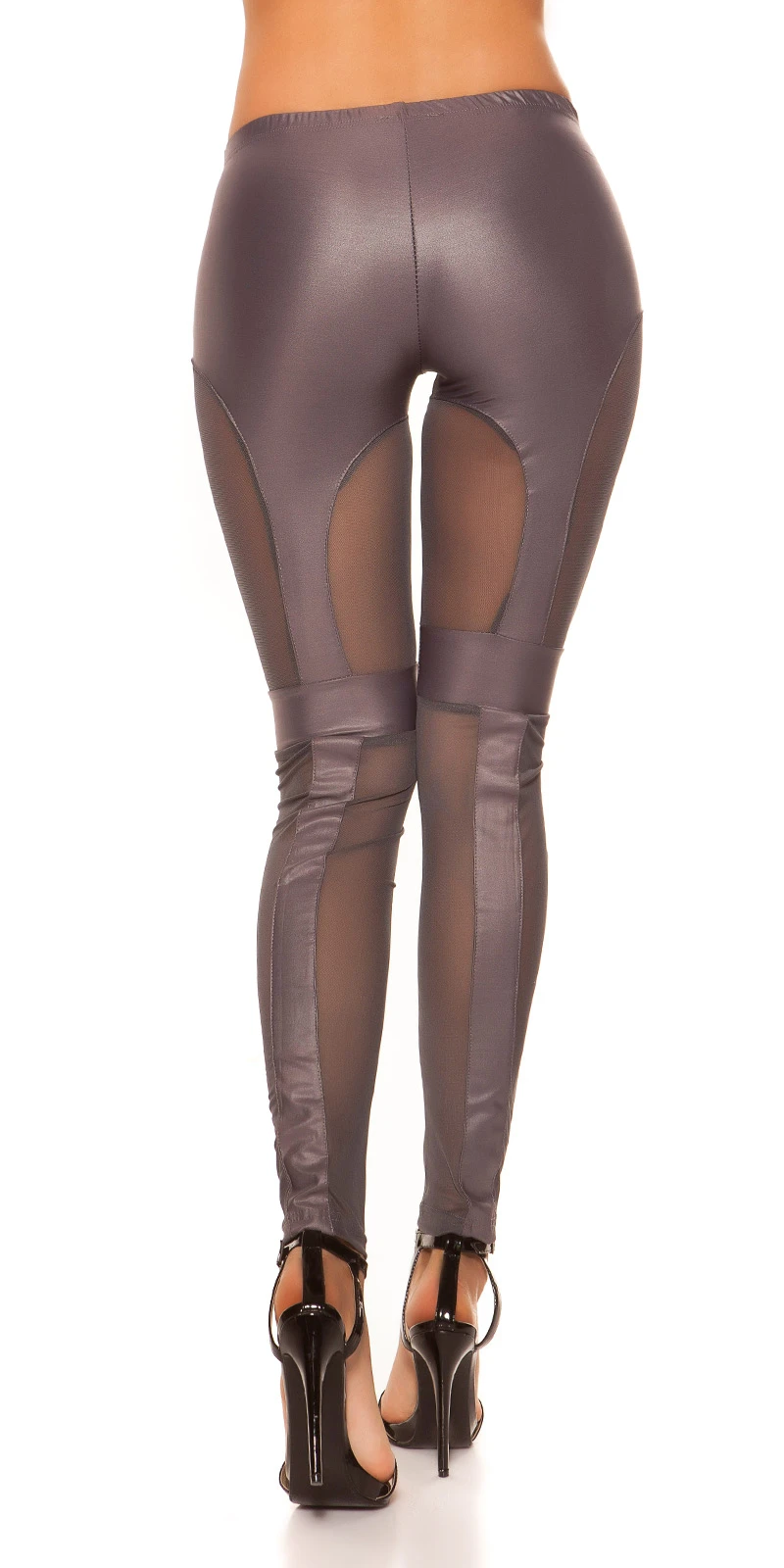 Sexy KouCla Leggings mit Mesh Gewebe und Kunstleder Streifen