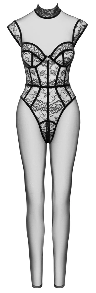Hautenger Transparent-Overall mit Spitzen-Corsagenbody Herzdetail 3-Wege-Reißverschluss Schwarz Cottelli PARTY