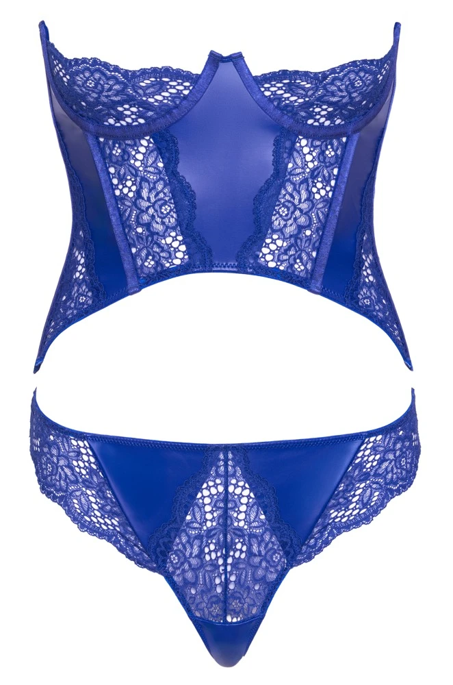 Cottelli LINGERIE Set in Royalblau, busenfreie Kurz-Corsage aus Wetlook & Spitze mit ¼-Bügelcups, verstellbarem Hakenverschluss hinten – dazu passender Riostring für einen sexy, erotischen Lingerie-Look mit Reizwäsche-Vibe