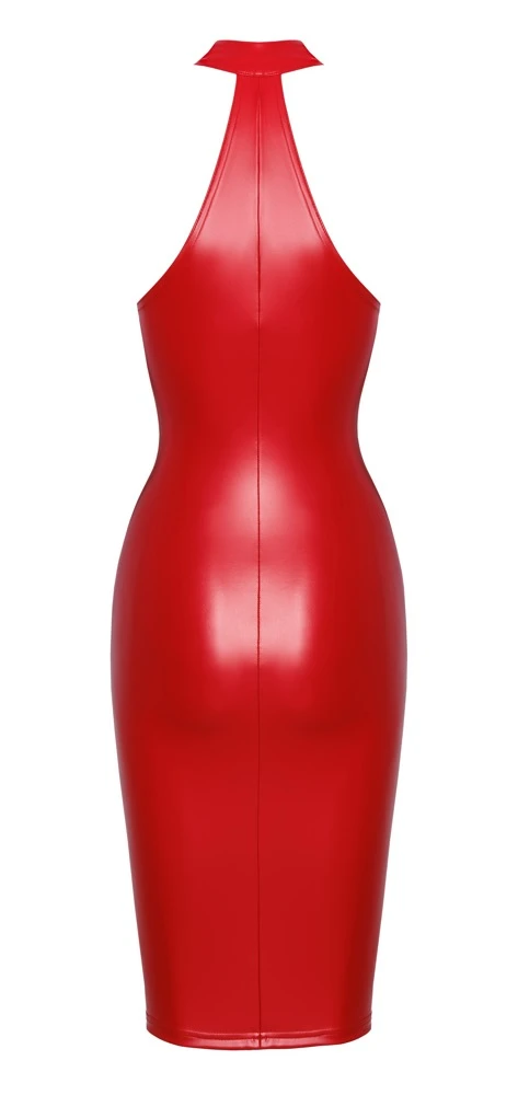 Noir Knallrotes, schulterfreies Kleid im Powerwetlook mit Reißverschluss und Gehschlitz, Party Mididress