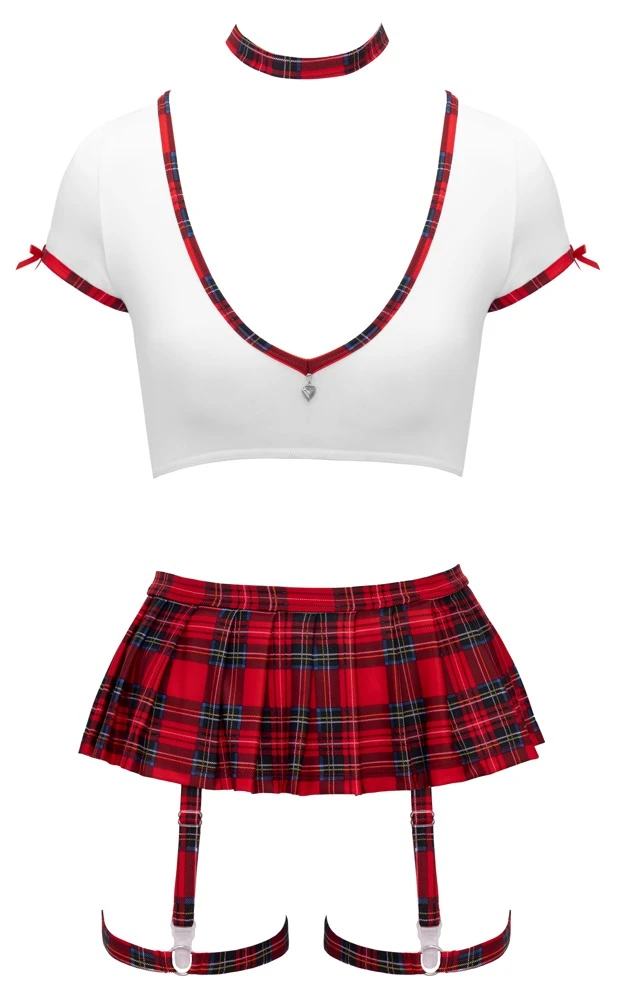 Schuluniform Kostüm 4-teilig bauchfrei mit Straps-Rock Halsband String Karo-Look verstellbare Strapse Damen – Cottelli COSTUMES