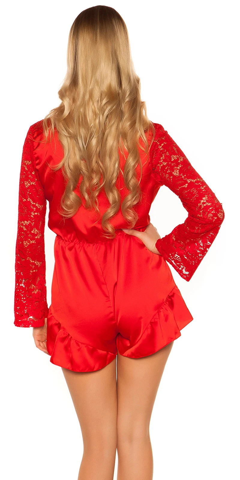 Glossy Playsuit V-Neck Satinlook Spitze Hotpants Overall Langarm