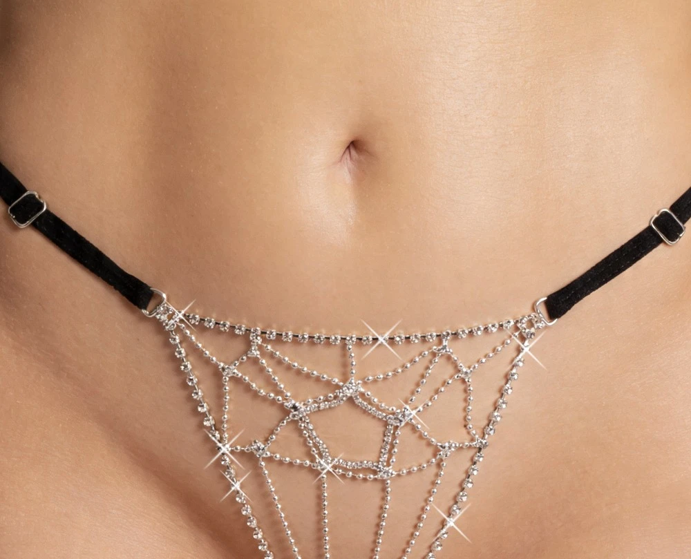Cottelli LINGERIE Schmuckstring – erotischer Strass- & Perlenstring in Spinnennetz-Optik mit verstellbarem Bund und offenen Bändern