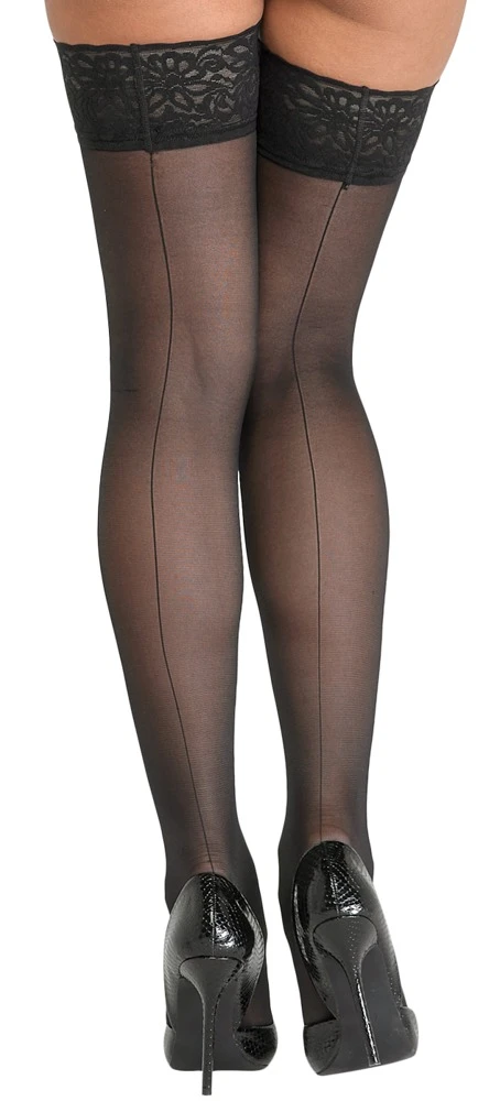 Cottelli Vintage Glamour: Halterlose Schwarze Strümpfe mit Naht und 8 cm Spitzen-Abschluss