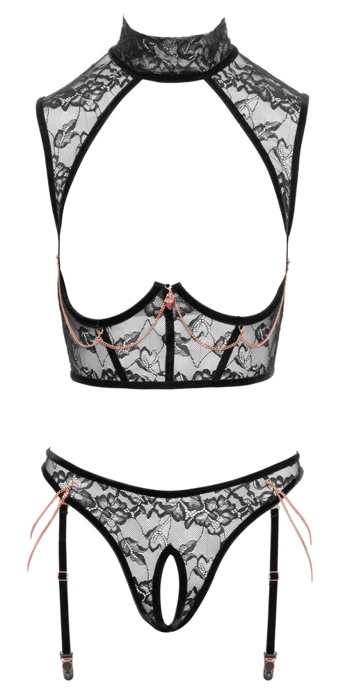Abierta Fina Ouvert-Set mit Top und Straps-Slip aus feiner Spitze und edlem Samt mit roségoldfarbenen Ketten und Bügel-Cups für busenfreien Sitz