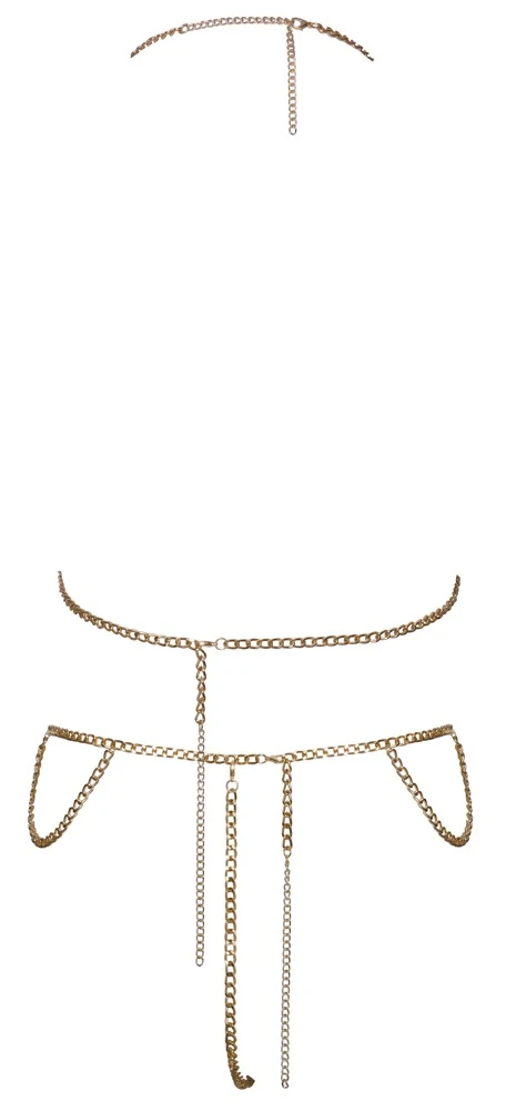 Goldfarbener Ketten-Bikini von Cottelli ACCESSOIRES mit Neckholder-Top und String. Vorne üppiger Kettenbesatz über Brüsten, Schambereich und Hüften.