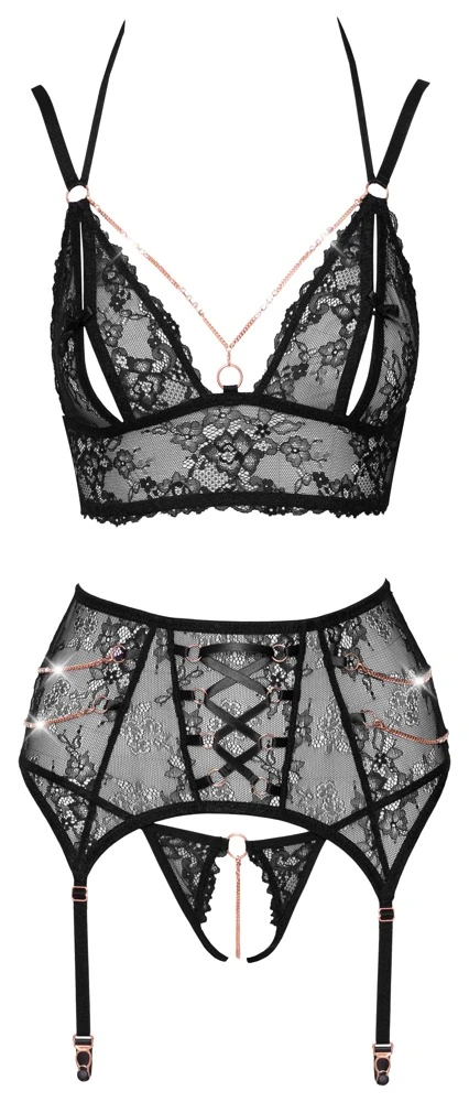 Abierta Fina Bralette, Strapsgurt und Slip ouvert, geschlitzten Cups, Strapsgurt in Schnüroptik