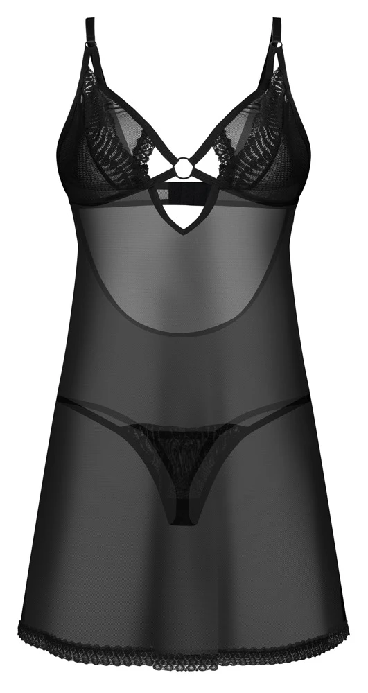 Tief dekolletiertes Negligé Alliane von Obsessive aus transparenter Spitze mit Riemchen-Details und passendem String im Set