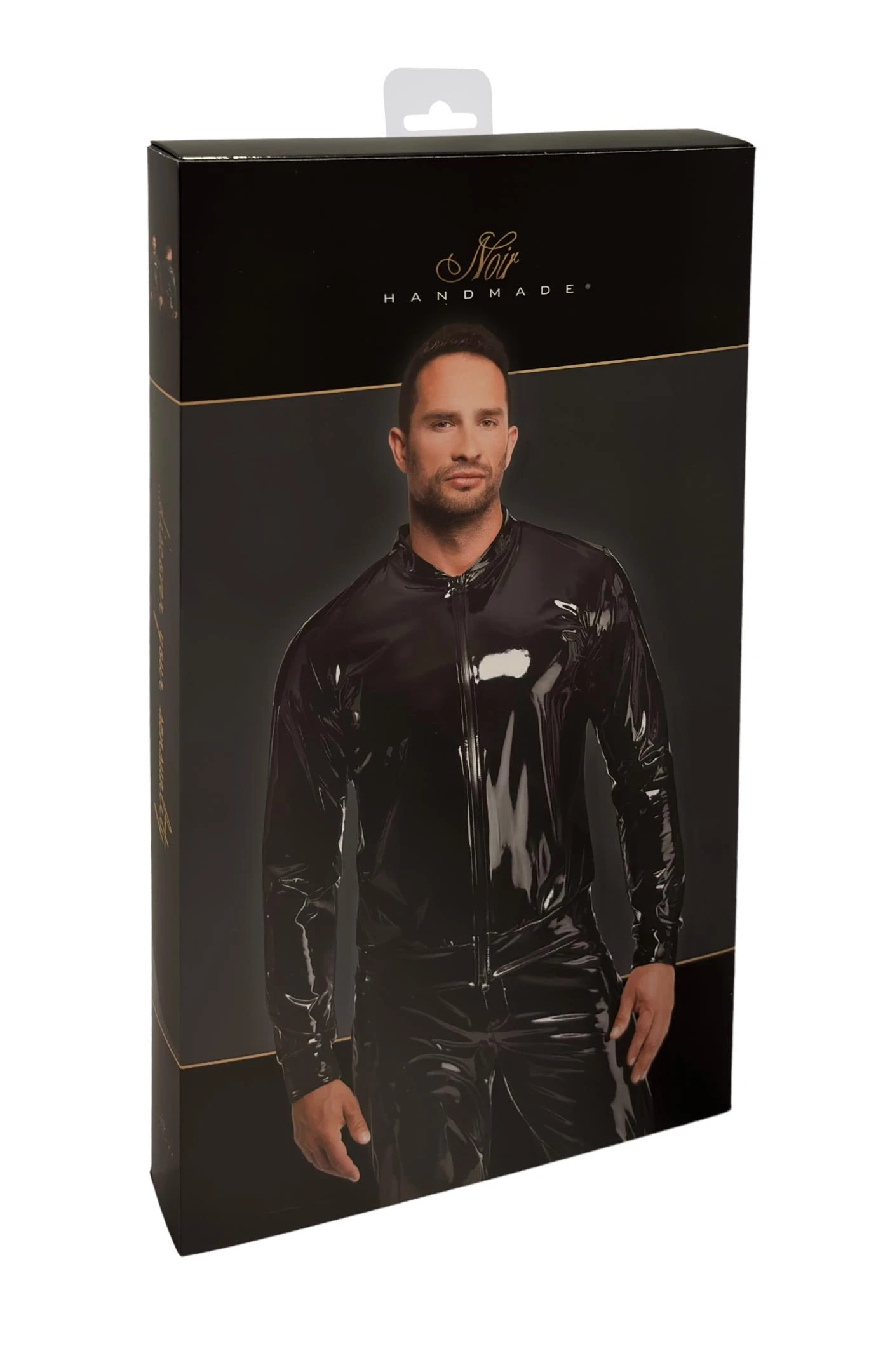 Herren Kinky Lack Jacke H092 aus glänzendem, dehnbarem Material mit breitem Bund, schwarzem Front-Reißverschluss und funktionalem 2-Wege-Zip für markante Styles von Noir Handmade Men