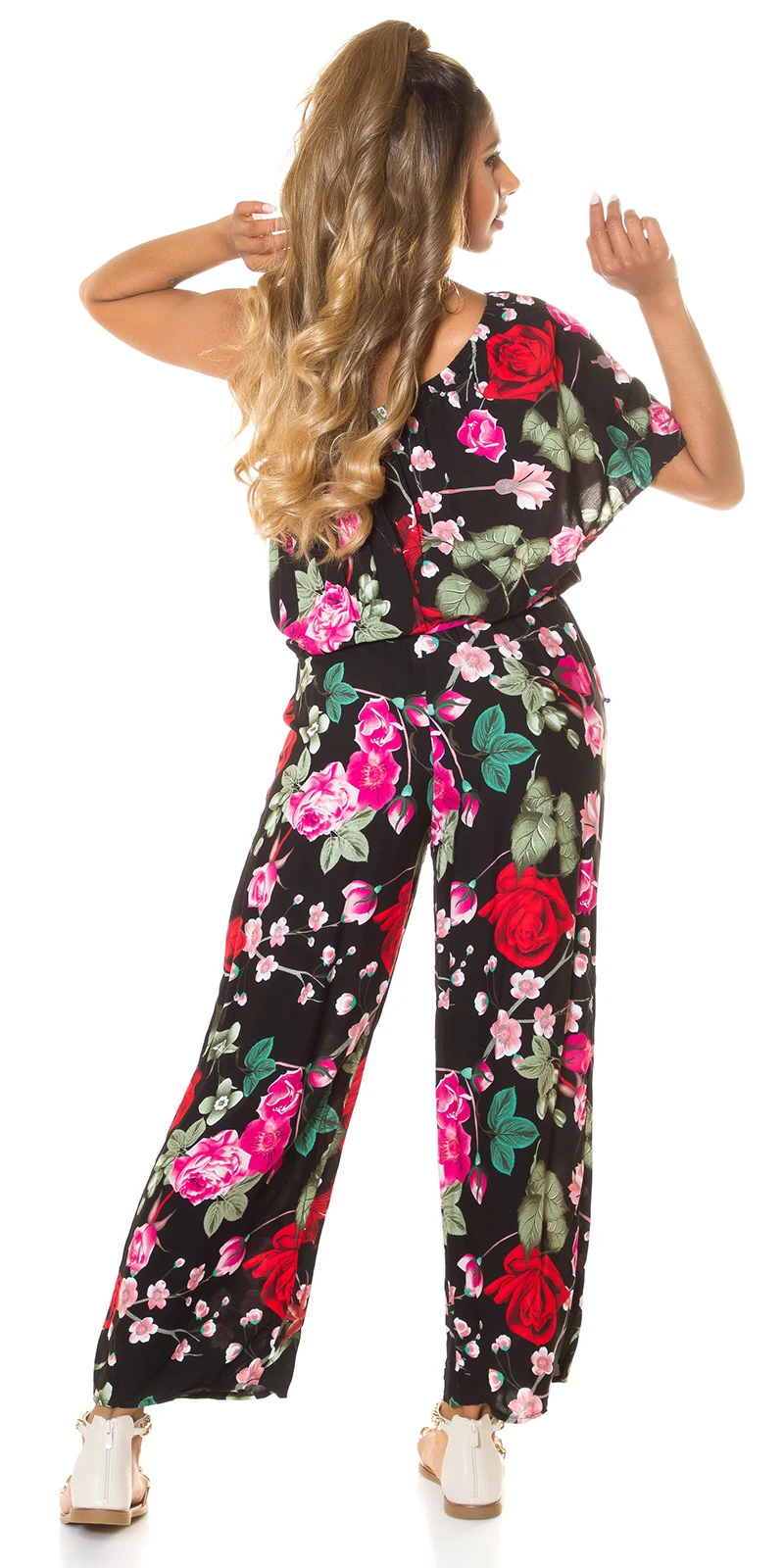 Rose Printed One Shoulder Maxi Marlene Viskose Jumpsuit mit Volant Rose Printed One Shoulder Maxi Marlene Viskose Jumpsuit mit Volant