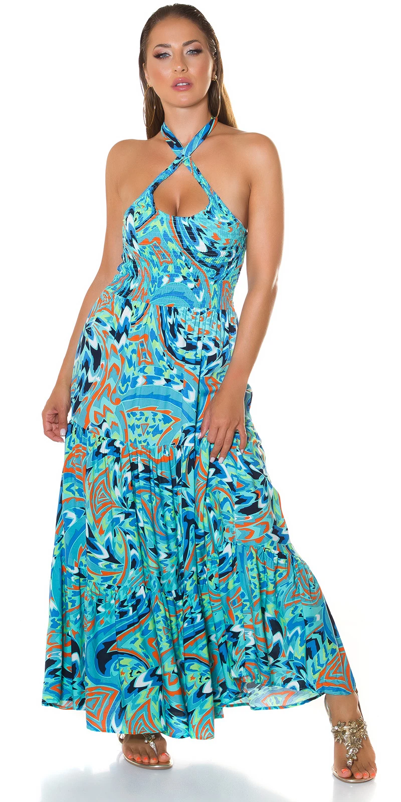 Coloured Maxi Neckholder Viskose Kleid mit Cutout