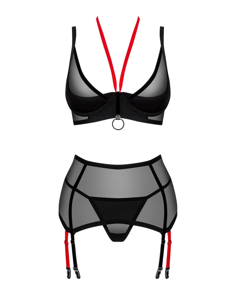 Obsessive 3-teiliges Set Glandez mit Bügel-BH, Strapsgurt und String.  BH mit rotem Neckholder als stylischer Kontrast sowie Ring und kleinem Schmuckelement zwischen den Cups