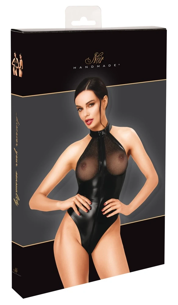 Kinky Stringbody im matten Wetlook mit glitzernden Transparent-Cups, Neckholder und verführerischem 3-Wege-Reißverschluss von Noir Handmade
