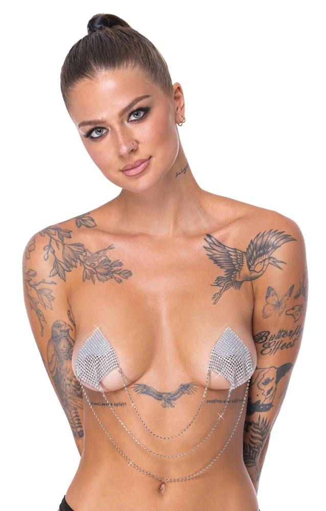 Cottelli Nipple Sticker Square silberfarben mit schillernden Rauten und drei filigranen Kettchen als glanzvoller Blickfang mehrfach verwendbar